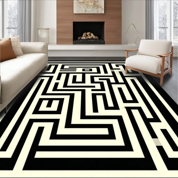 ODIKA 4'x6' Machine Washable Non-Slip Area Rug, Contemporary Maze Labyrinth Motif High Traffic Rug, Black, 259915