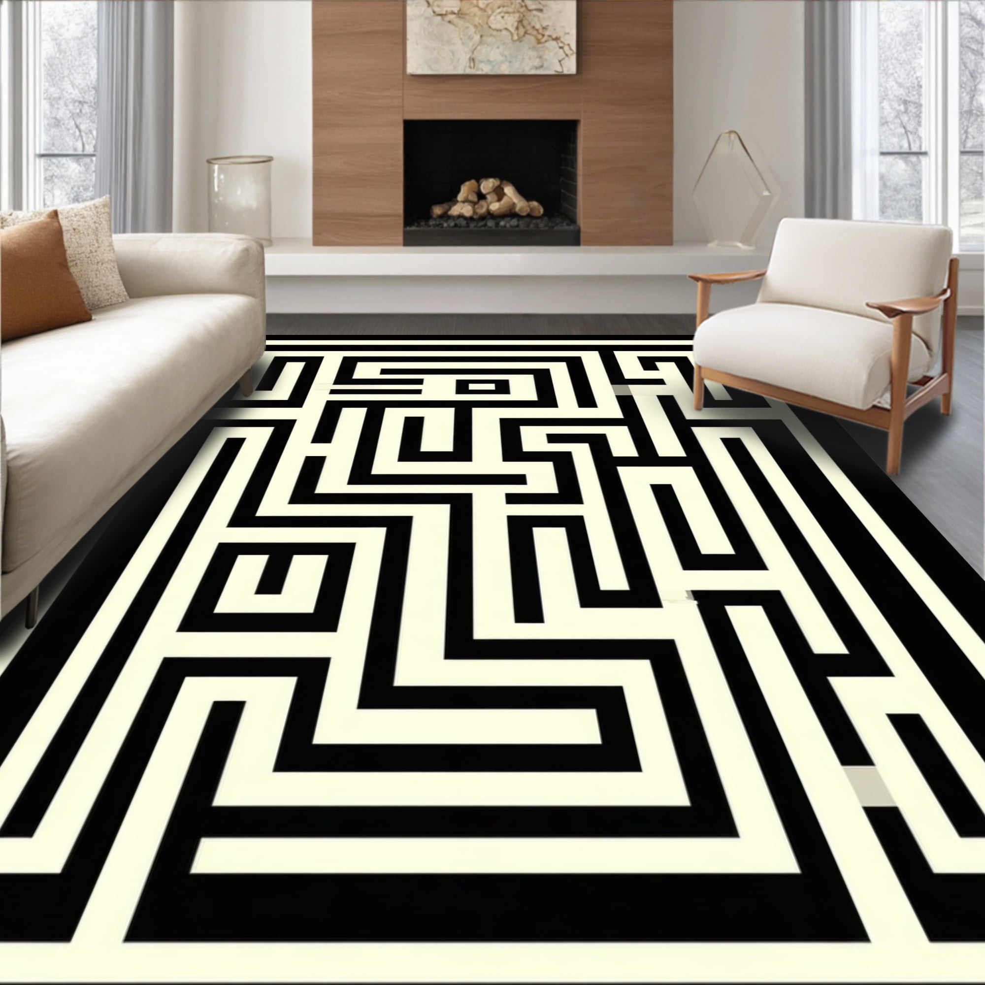 Flatwoven High Traffic Area Rug, Contemporary Maze Labyrinth Motif, Non ...