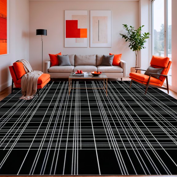 Flatwoven High Traffic Area Rug, Contemporary Minimalist Grid Rug with Clean Linear Symmetry, Non Slip, Stain Resistant, Washable Area Rugs for Living Room, Bedroom(Black, 2X3)