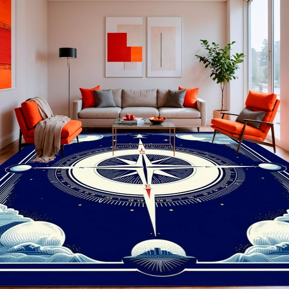 ODIKA 3'x5' Machine Washable Non-Slip Area Rug, Contemporary Nautical Compass Geometric Medallion Artistic Statement High Traffic Rug, Blue, 135565