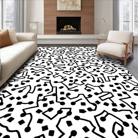 ODIKA 8' Machine Washable Non-Slip Area Rug, Contemporary Spotted Art with Expressive Modernist High Traffic Rug, Black, 292264