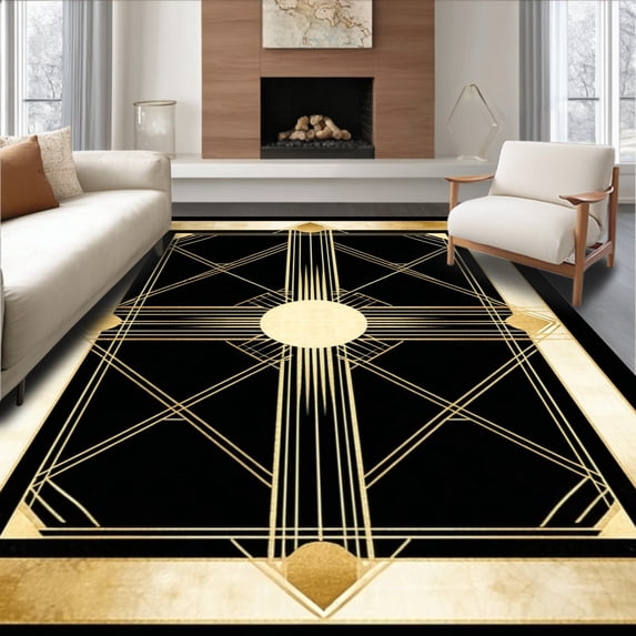 Flatwoven High Traffic Area Rug, Contemporary with Stunning Black Gold Art Motifs, Non Slip, Stain Resistant, Washable Area Rugs for Living Room, Bedroom(Black, 4X6)