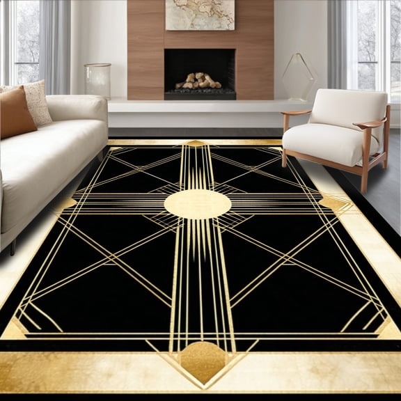 ODIKA 8'x10' Machine Washable Non-Slip Area Rug, Contemporary with Stunning Black Gold Art Motifs High Traffic Rug, Black, 84798