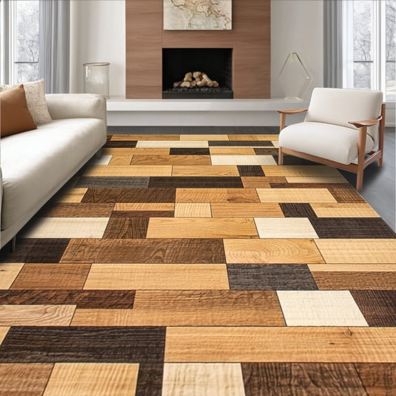 ODIKA 8'x10' Machine Washable Non-Slip Area Rug, Contemporary with Stunning Timber Design High Traffic Rug, Brown, 88785