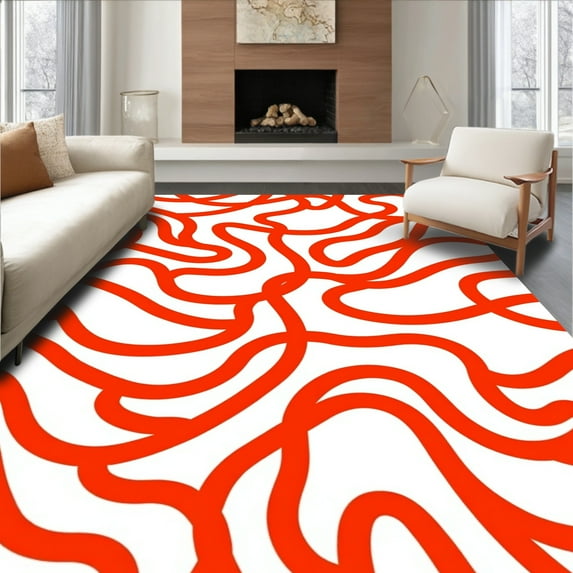 Flatwoven High Traffic Area Rug, Contemporary Wave Mosaic with Fluid Interlocking Shapes, Non Slip, Stain Resistant, Washable Area Rugs for Living Room, Bedroom(Red, 4X6)