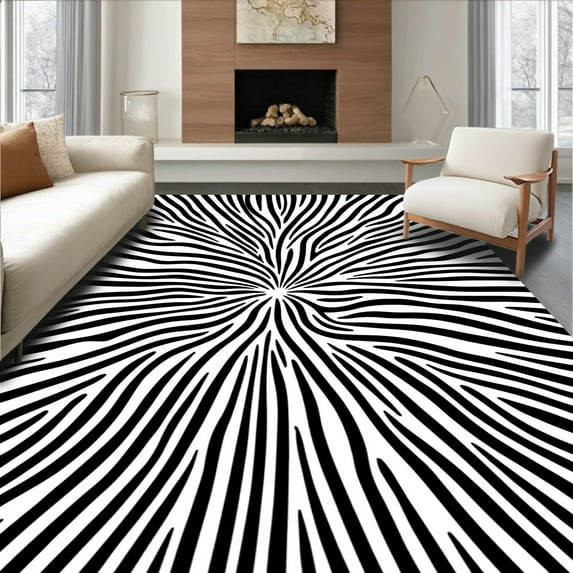 ODIKA 6'x9' Machine Washable Non-Slip Area Rug, Contemporary Zebra with High Contrast Stripes High Traffic Rug, Black, 311551