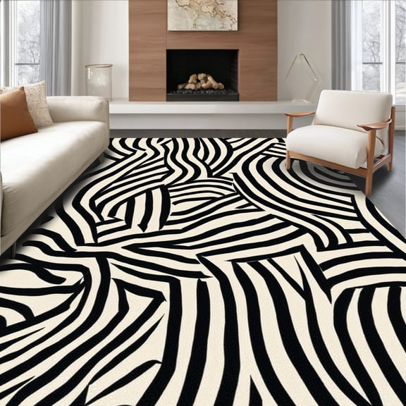 ODIKA 6' Machine Washable Non-Slip Area Rug, Contemporary Zebra Inspired with Stylized Contrast Stripes High Traffic Rug, Beige, 292728