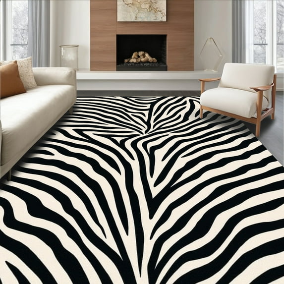 ODIKA 6' Machine Washable Non-Slip Area Rug, Contemporary Zebra Print High Traffic Rug, Black, 299088