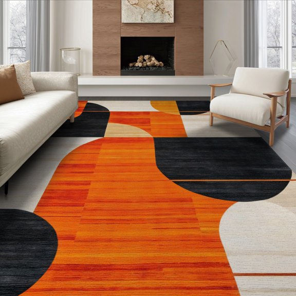 ODIKA 8'x10' Copper Black Orange Geometric Abstract Design Washable Area Rug Non-Slip Chair-Friendly Mat for Dining Room, Large Office, Lounge