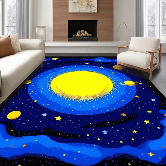 ODIKA 3'x5' Machine Washable Non-Slip Area Rug, Cosmic Alphabetic Playful Motif High Traffic Rug, Yellow, 31921