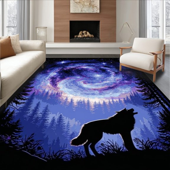 ODIKA 3'x5' Machine Washable Non-Slip Area Rug, Cosmic Beige Forest Galaxy Design Non Slip High Traffic Rug, Blue, 55301