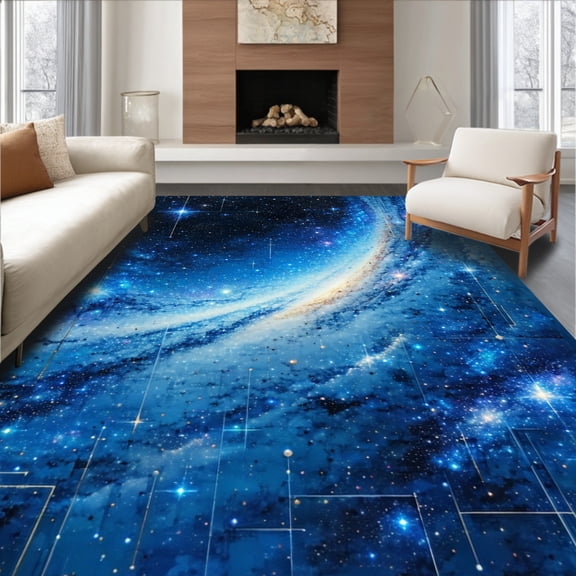 ODIKA 4'x6' Machine Washable Non-Slip Area Rug, Cosmic Galaxy Interactive Alphabet Stars High Traffic Rug, Blue, 83951