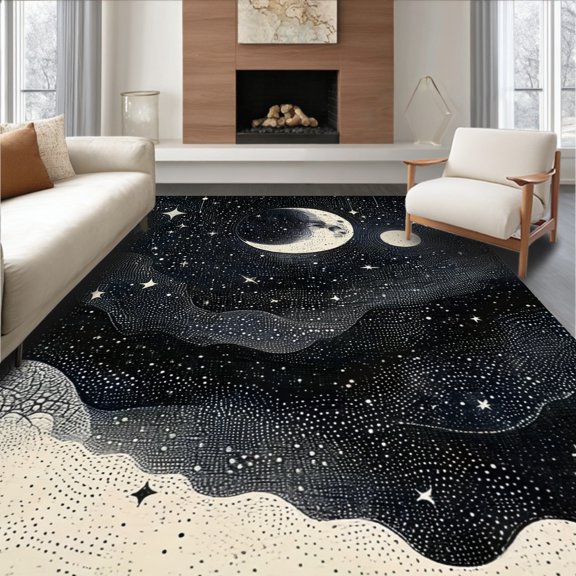 Flatwoven High Traffic Area Rug, Cosmic Moon With Celestial Stars And Lunar Symbols, Non Slip, Stain Resistant, Washable Area Rugs for Living Room, Bedroom(Black, 4X6)