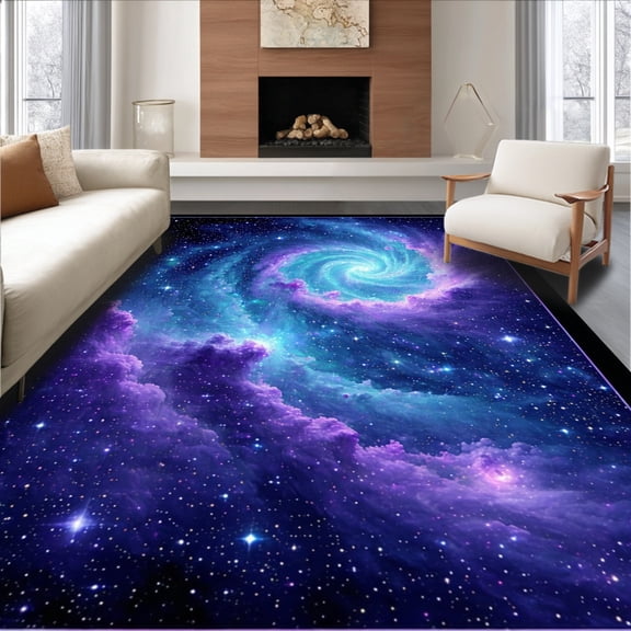 ODIKA 4'x6' Machine Washable Non-Slip Area Rug, Cosmic Nebula Swirl Galaxy Spiral Constellation High Traffic Rug, Purple, 166290