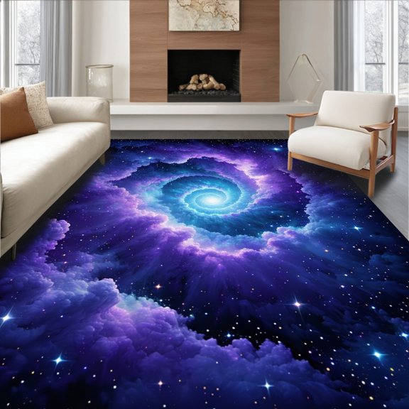 Flatwoven High Traffic Area Rug, Cosmic Nebula Swirl Round Floor Accent With Starlight, Non Slip, Stain Resistant, Washable Area Rugs for Living Room, Bedroom(Purple, 2X3)