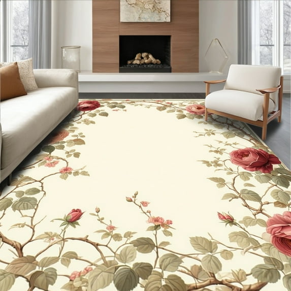 ODIKA 8'x10' Machine Washable Non-Slip Area Rug, Cottage Style Round Featuring Elegant Rose and Leaf Lattice High Traffic Rug, Rose, 231591