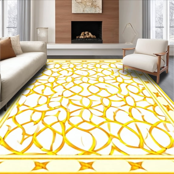 ODIKA 8'x10' Machine Washable Non-Slip Area Rug, with Warm Interlocking Lattice and Curved Lines High Traffic Rug, Gold, 166373