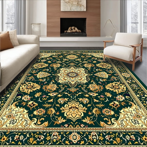 ODIKA 3'x5' Machine Washable Non-Slip Area Rug, Cream Plush for High Traffic Rug, Dark Green, 46305