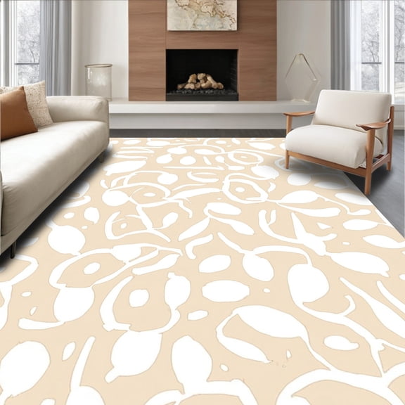 ODIKA 6'x6' Machine Washable Non-Slip Area Rug, Creamy Speckled Hide Motif High Traffic Rug, Beige, 326176