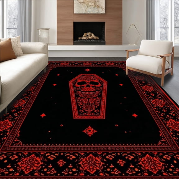 ODIKA 4'x6' Machine Washable Non-Slip Area Rug, Creepy Gothic Revival Aesthetic High Traffic Rug, Black, 26500