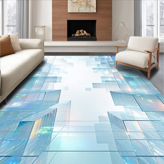 ODIKA 5'x7' Machine Washable Non-Slip Area Rug, Crystal Prism Reflection With Transparent Geometric Design High Traffic Rug, Blue, 195928