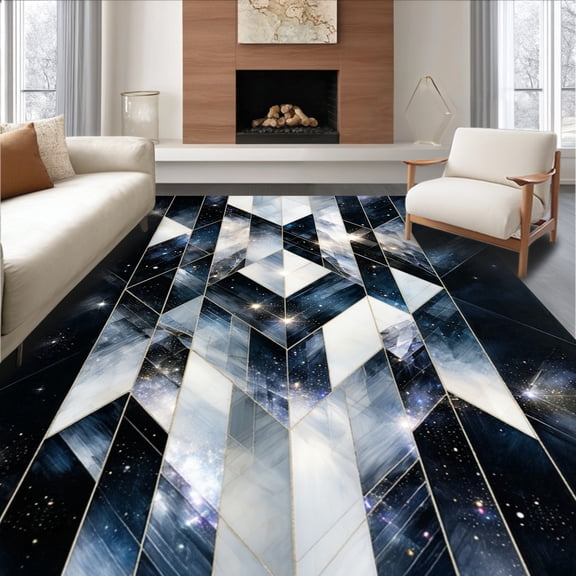 ODIKA 6'x9' Machine Washable Non-Slip Area Rug, Crystalline Geometric With Faceted Polygon Shapes And Radiant Angular Highlights High Traffic Rug, Blue, 179249
