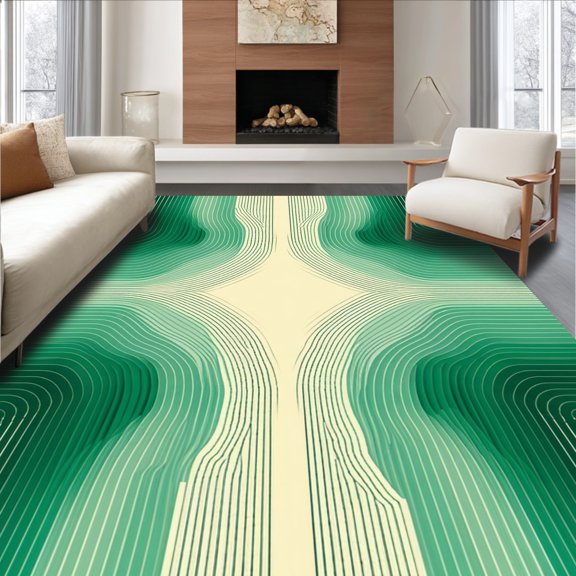 ODIKA 2'x3' Machine Washable Non-Slip Area Rug, Curved Stripe Featuring Nucleus Inspired Green Styled Formulation High Traffic Rug, Green, 194918