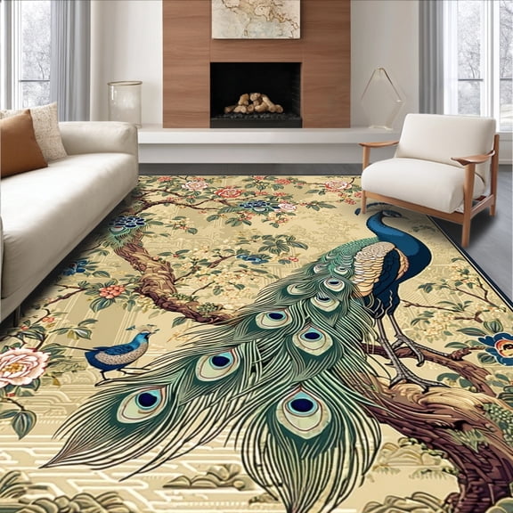 ODIKA 8'x10' Machine Washable Non-Slip Area Rug, Curvilinear Chinoiserie Peacock With Clayware Artificer Chocolate Bunch High Traffic Rug, Blue, 194085