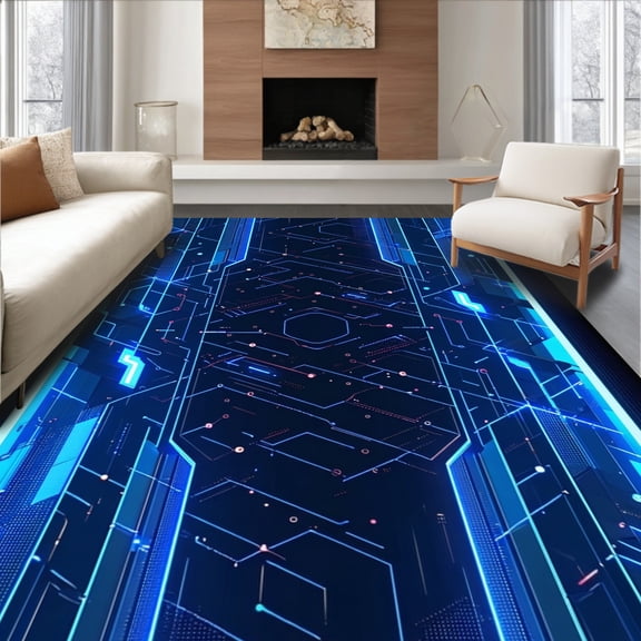 ODIKA 2'x3' Machine Washable Non-Slip Area Rug, Cyberpunk Geometric High Traffic Rug, Blue, 85052