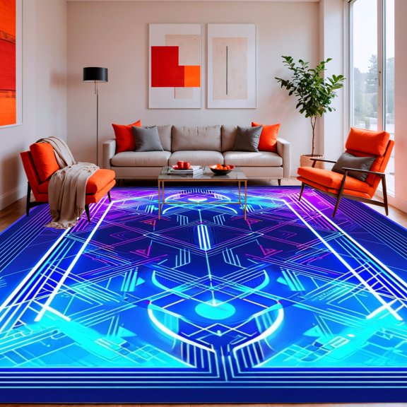 Flatwoven High Traffic Area Rug, Cyberpunk Knotwork Loop with Lumen Chart Lines and Trapeze Paradise Motif, Non Slip, Stain Resistant, Washable Area Rugs for Living Room, Bedroom(Blue, 2X3)