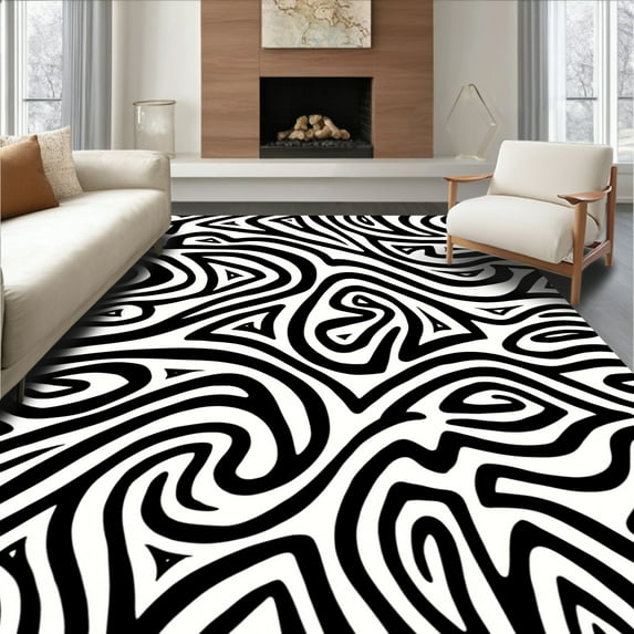 ODIKA 8'x8' Machine Washable Non-Slip Area Rug, Daring Zebra Motif Chic Modern High Traffic Rug, Black, 310946