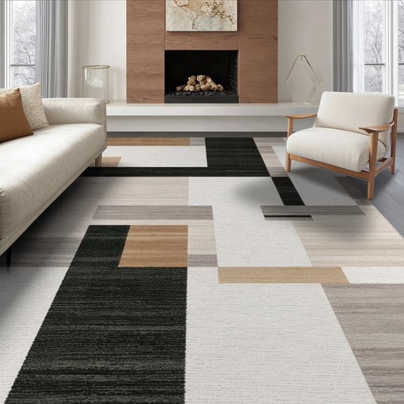 ODIKA 8'x10' Dark Beige Geometry and Dirt Trapper Design Washable Area Rug Non-Slip Chair-Friendly Mat for Dining Room, Large Office, Lounge
