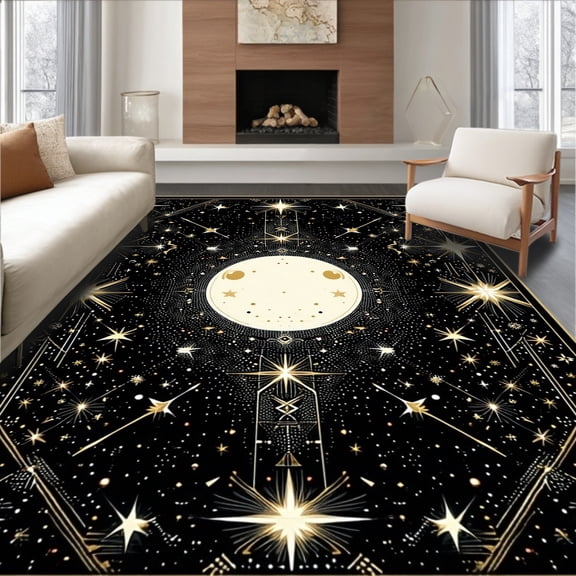 ODIKA 8'x10' Machine Washable Non-Slip Area Rug, Dark Elegance Mystic Tiled High Traffic Rug, Black, 34781