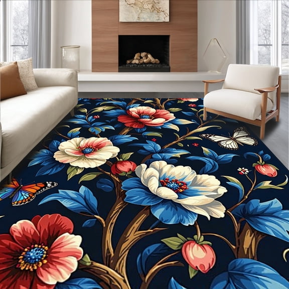 ODIKA 8'x10' Machine Washable Non-Slip Area Rug, Dark Floral Garden Botanical High Traffic Rug, Navy, 157004