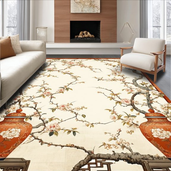 ODIKA 2'x3' Machine Washable Non-Slip Area Rug, Decorative Jar and Vine with Classic Eastern Inspired Motifs High Traffic Rug, Peach, 122993