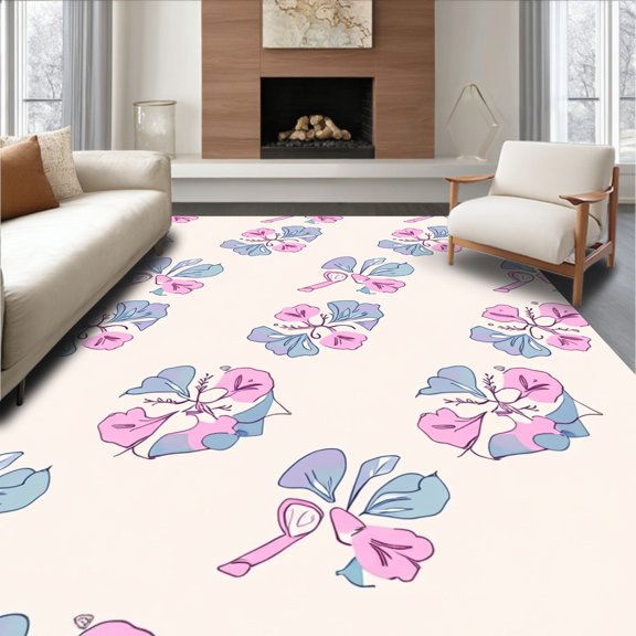 ODIKA 4'x6' Machine Washable Non-Slip Area Rug, Decorative Multicolor Bow and Floral with Curves High Traffic Rug, Pink, 294083