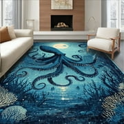 ODIKA 8x10 Deep Sea Kraken Nautical With Tentacle Design Maritime Ocean Theme Washable Area Rug for Dining Room, Large Office, Lounge, Non-Slip Chair-Friendly Mat