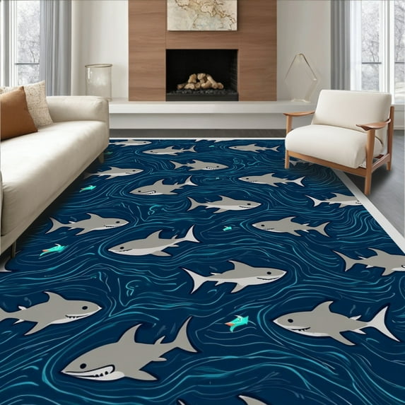 ODIKA 3'x5' Machine Washable Non-Slip Area Rug, Deep Sea Predator Nautical With Realistic High Traffic Rug, Blue, 315120