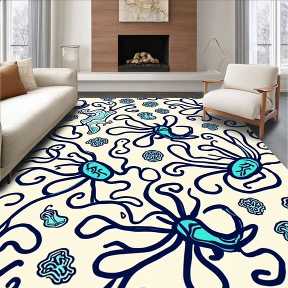 ODIKA 8' Machine Washable Non-Slip Area Rug, Deep Sea Tentacle Art Nautical High Traffic Rug, Beige, 307076