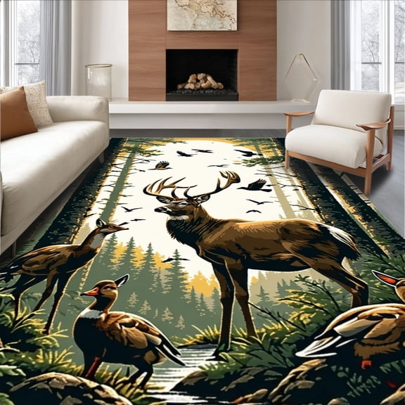 Flatwoven High Traffic Area Rug, Deer Hunting Rug Mallard Area Wildlife Scene, Non Slip, Stain Resistant, Washable Area Rugs for Living Room, Bedroom(Brown, 3X5)