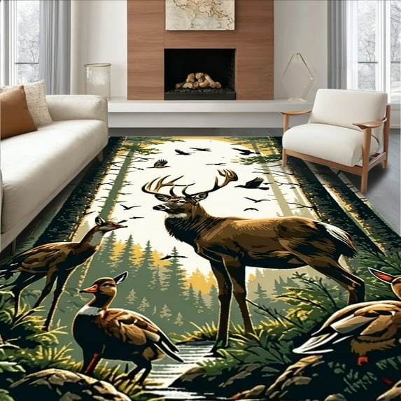 ODIKA 5'x7' Machine Washable Non-Slip Area Rug, Deer Hunting Mallard Wildlife Scene High Traffic Rug, Brown, 145220