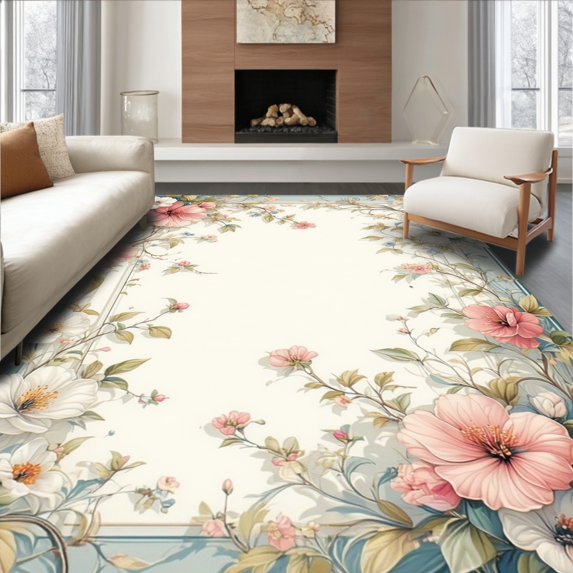 Flatwoven High Traffic Area Rug, Delicate Blossom Design with Pastel Accents, Non Slip, Stain Resistant, Washable Area Rugs for Living Room, Bedroom(Pink, 5X7)