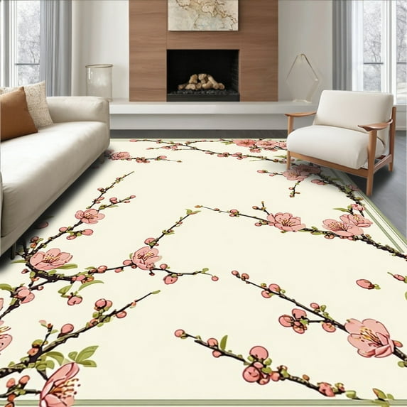Flatwoven High Traffic Area Rug, Delicate Blossom Motif with Vintage Botanical Accents, Non Slip, Stain Resistant, Washable Area Rugs for Living Room, Bedroom(Peach, 4X6)