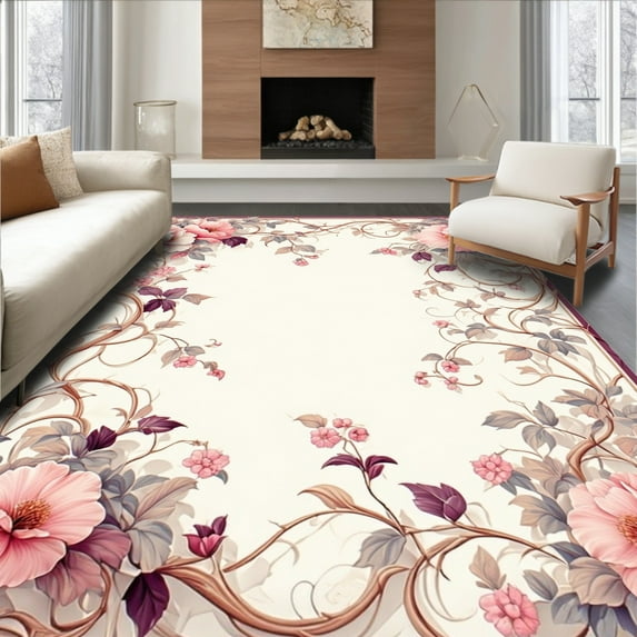 Flatwoven High Traffic Area Rug, Delicate Blush Floral Medallion with ...