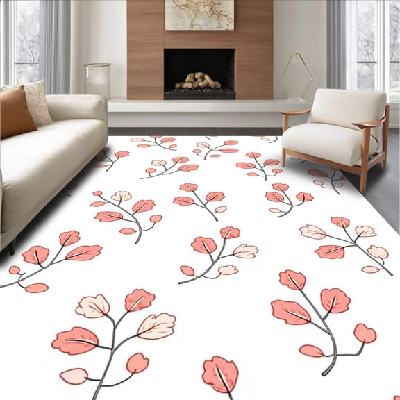 Flatwoven High Traffic Area Rug, Delicate Dainty Blossom with Scattered Floral Sprigs, Non Slip, Stain Resistant, Washable Area Rugs for Living Room, Bedroom(Pink, 4X6)