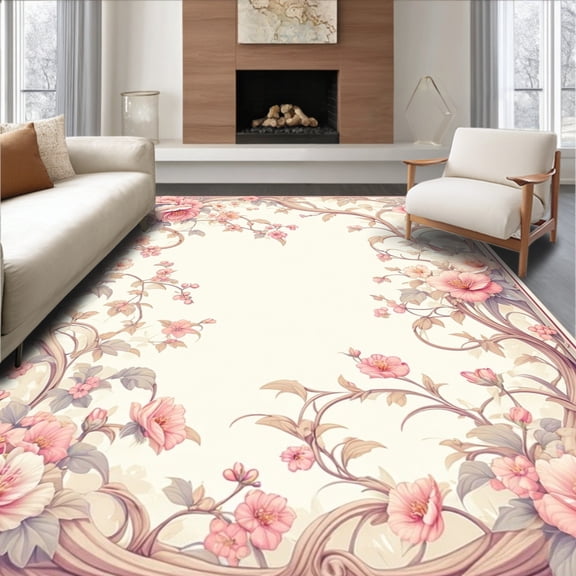 ODIKA 8'x10' Machine Washable Non-Slip Area Rug, Delicate Floral Medallion with Pastel Motifs and Elegant Curves High Traffic Rug, Rose, 216483