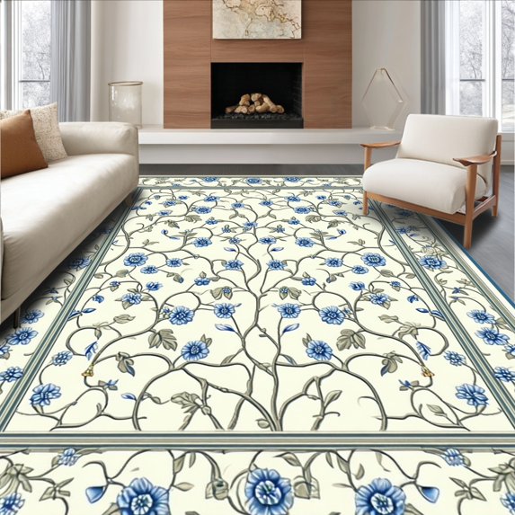 ODIKA 3'x5' Machine Washable Non-Slip Area Rug, Delicate French Provincial Floral Vine Floor Covering High Traffic Rug, Ivory, 125855