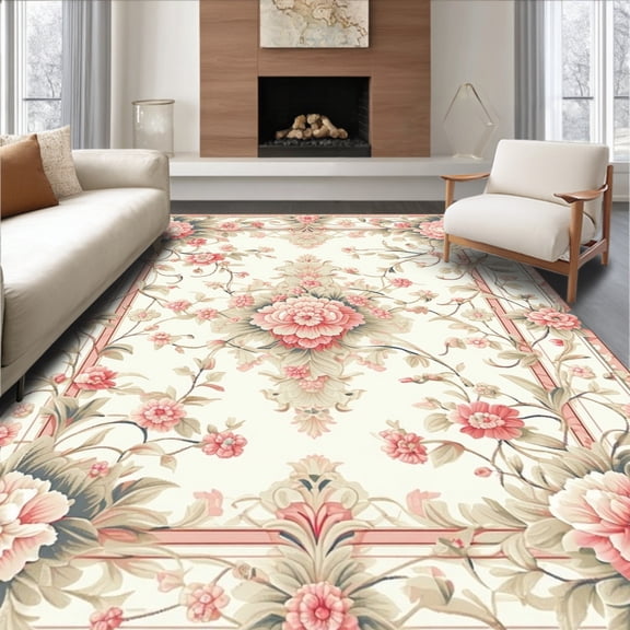 Flatwoven High Traffic Area Rug, Delicate Pastel Floral Medallion with Swirling Vines, Non Slip, Stain Resistant, Washable Area Rugs for Living Room, Bedroom(Pink, 4X6)
