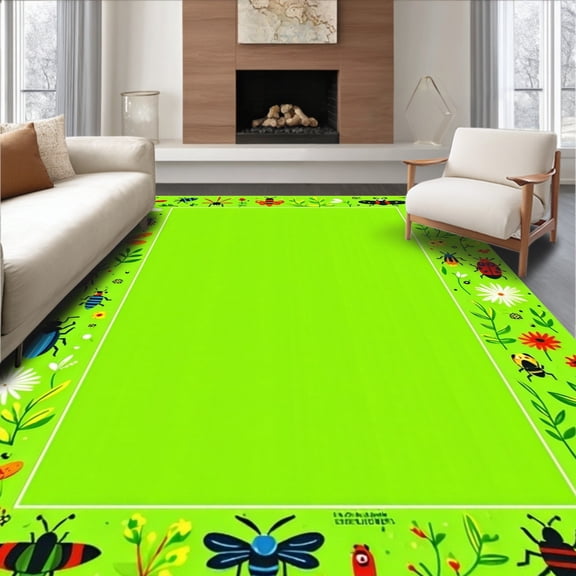 ODIKA 8'x10' Machine Washable Non-Slip Area Rug, Delightful Bug Garden with Artistic Nature High Traffic Rug, Green, 280094