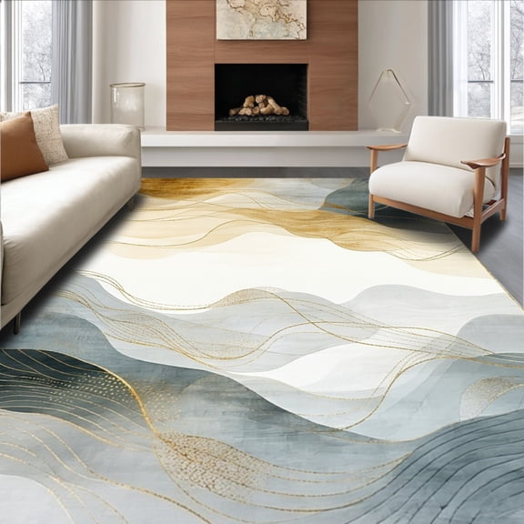 ODIKA 4'x6' Machine Washable Non-Slip Area Rug, Diaphanous Veil with Translucent Overlapping Waves and Swirls High Traffic Rug, Beige, 183548